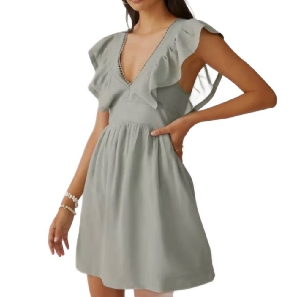 Anthropologie‎ Mini Dress Women's Size Small Sage Green Lace Trim Flutter Sleeve